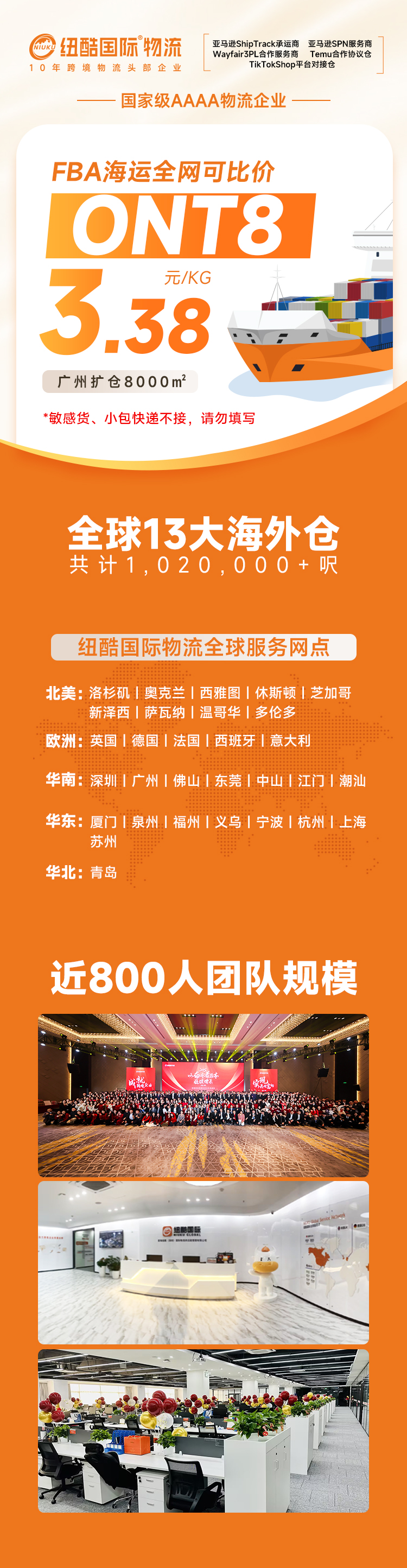 紐酷國(guó)際廣州新倉(cāng)增至8000m2活動(dòng)：ONT8  3.38元/KG